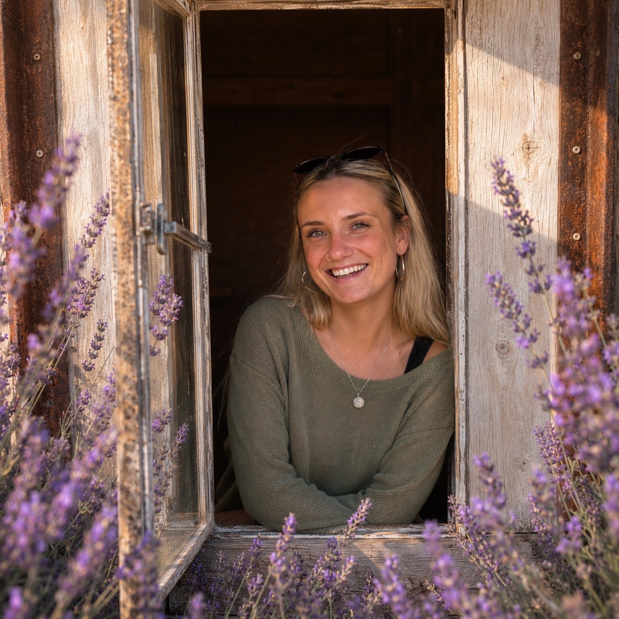 Portrait of the founder of The Body Reset smiling beside a rustic window framed by lavender