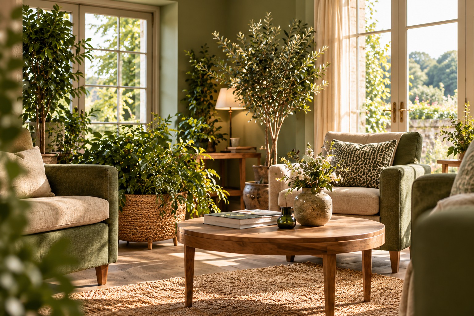 Illustrative welcoming botanical lounge suitable for a residents wellbeing afternoon