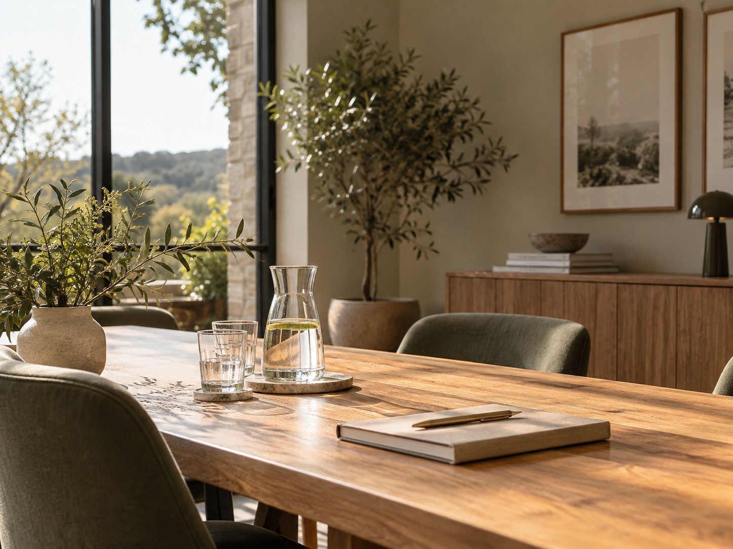 Warm, light-filled meeting room with an oak table, water glasses and notebook